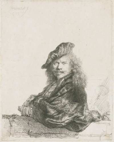 Zelfportret leunend met onderarm op een muur, 1639 door Rembrandt van Rijn